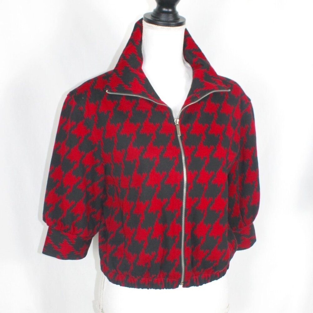 EXPRESS Jacket Red Black Hounds Tooth Coat Size Small Checkered Full Zip 3/4